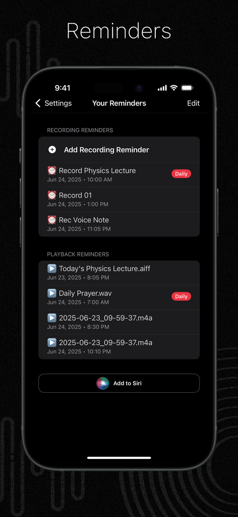 Audio Recorder & Voice Editor - Uma tela de smartphone do aplicativo Gravador de Áudio mostrando lembretes agendados de gravação e reprodução para aulas e notas de voz.