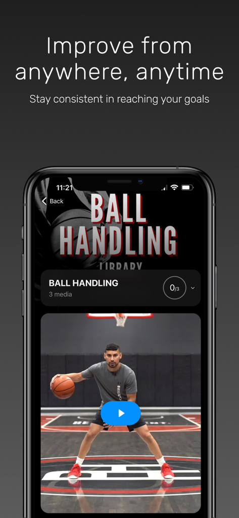 CoachIQ - Smartphone screen showing the CoachIQ app with a basketball ball handling drill video