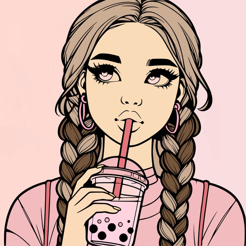 realistic girl with braided hair drinking boba