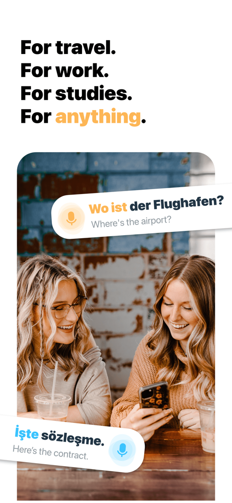 Two women using the SpeakTrip app to translate and learn phrases for travel and business.