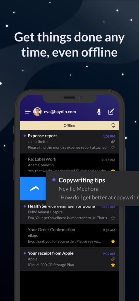 Email Client - Boomerang Mail - Boomerang Mail interface featuring offline support and dark mode