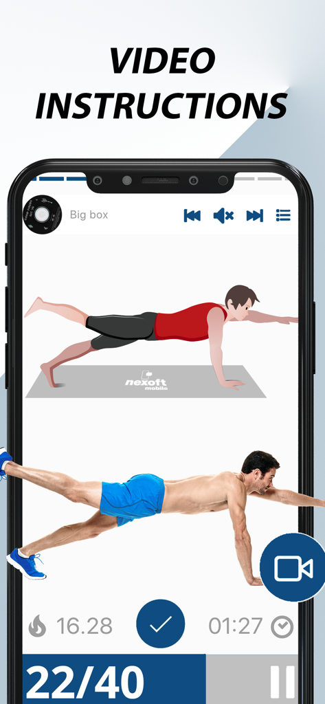 Arm Workouts for Men - Arm workout app interface showing video instructions for a home exercise with animation and real person demo