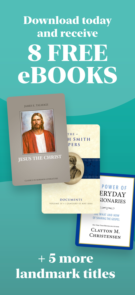 Deseret Bookshelf app promotion for 8 free LDS ebooks including Jesus the Christ