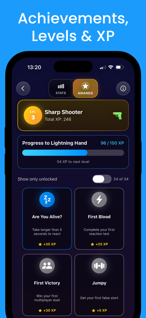 Quick Draw achievements levels and XP screen