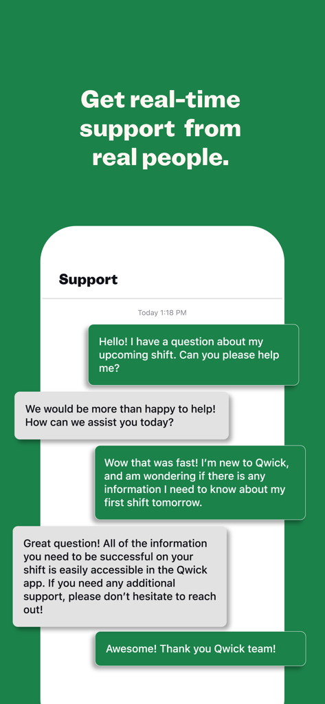 Real-time chat support interface in the Qwick for Professionals app showing a conversation between a worker and the support team.