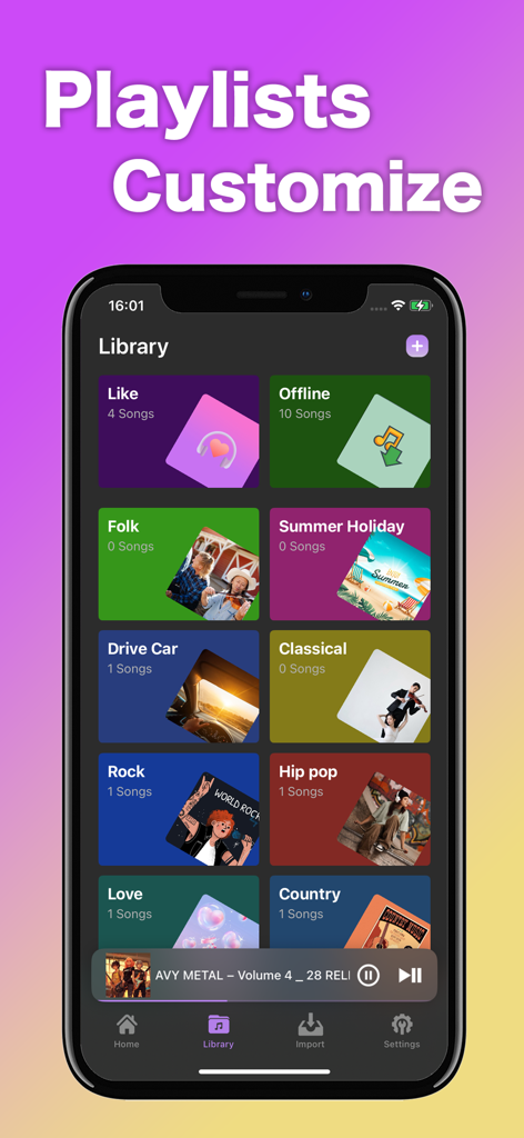 Vira Music-Offline Player MP3 - Vira Music app library screen showing a grid of custom music playlists including Rock and Hip hop