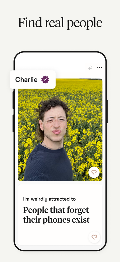 A verified Hinge user profile showing a photo in a flower field and a personality-driven conversation prompt.