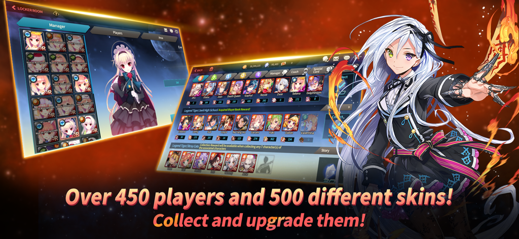 Soccer Spirits game screens showcasing character collection and upgrade menus with anime illustrations.
