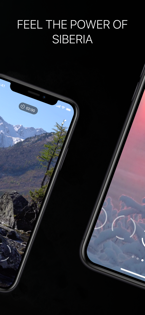 Siberian Breath app displaying mountain and winter landscapes for meditation
