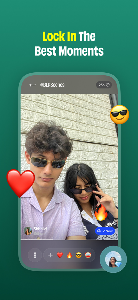 The Drop app showing a selfie of two friends with emoji reactions under the heading Lock In The Best Moments
