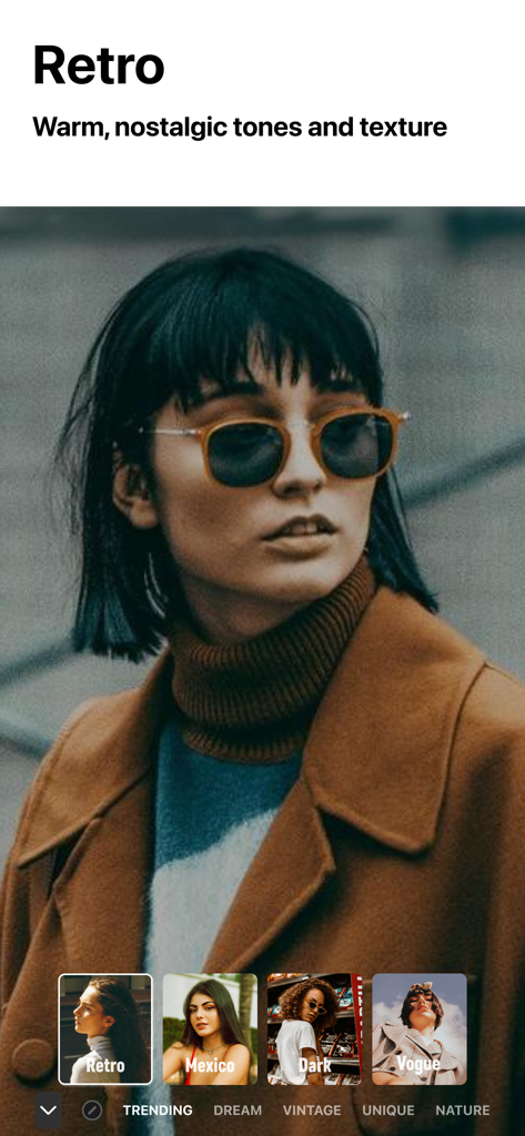 Screenshot of Filto app showing the Retro filter interface with warm and nostalgic tones on a portrait photo