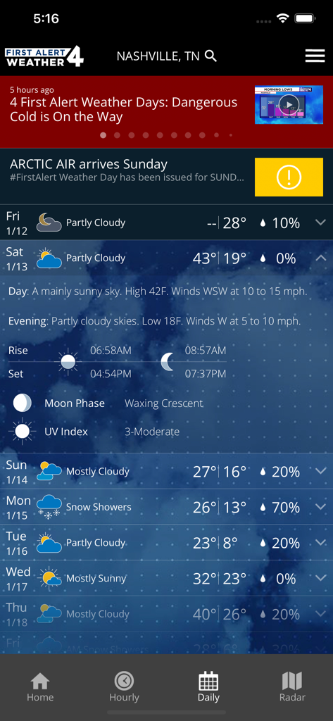 WSMV 4 First Alert Weather app daily forecast and severe weather alerts for Nashville