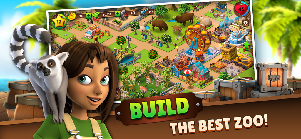 Zoo Life: Animal Park Game - Imagen promocional de Zoo Life Animal Park Game con un personaje mostrando una simulación de construcción de zoológico vibrante con un lémur