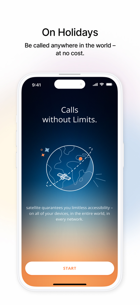 A smartphone displaying the satellite app splash screen with the text Calls without Limits and a graphic of a satellite orbiting the Earth