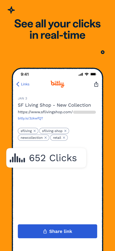 Bitly: Link Shortener - Bitlyモバイルアプリのダッシュボード。短縮リンクのリアルタイムクリックデータとパフォーマンスメトリックを表示。