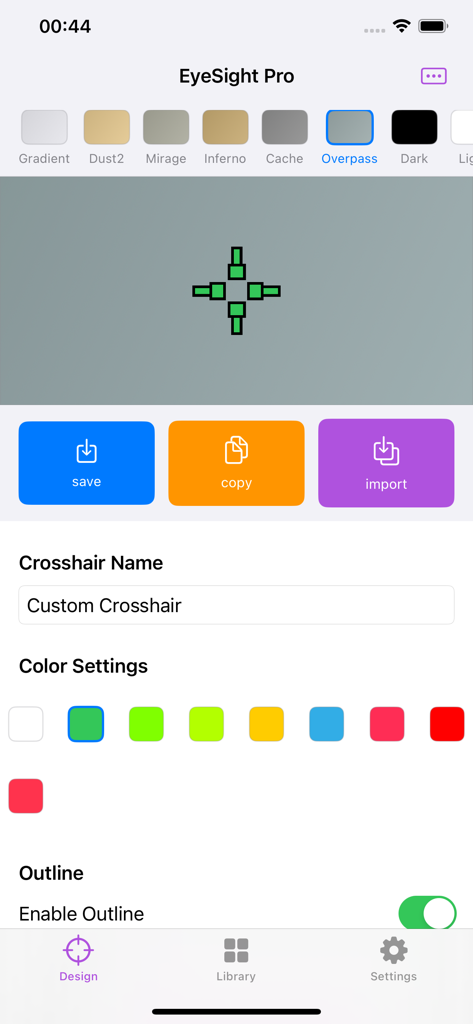 Custom Crosshair: EyeSight Pro - Interfaz de la aplicación EyeSight Pro para diseñar miras de juego personalizadas con configuraciones de color y botones de guardar.