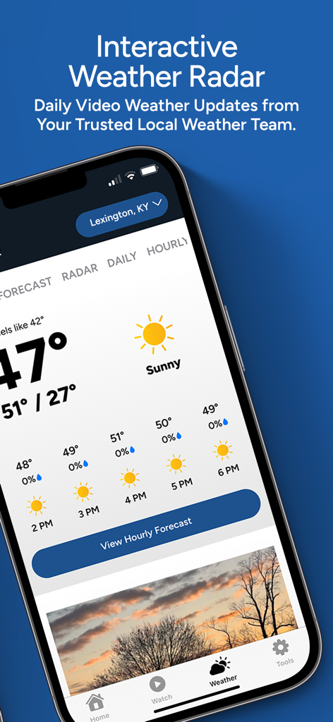 LEX 18 News - Lexington, KY - LEX 18 News app screen showing a sunny weather forecast and interactive radar for Lexington Kentucky