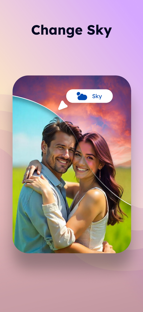 PixVibe: Magic Object Eraser - Una comparación de antes y después de una foto de pareja que muestra la función de reemplazo de cielo con IA de azul a atardecer