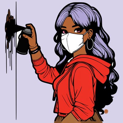 realistic girl with mask spray painting a wall