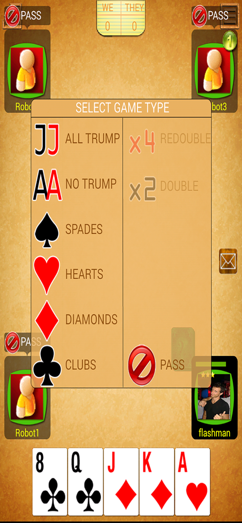 Selection screen for game types and bidding in the Belot card game
