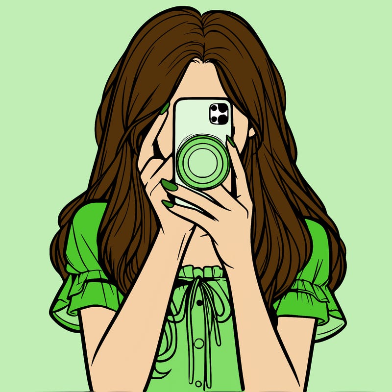a realistic girl holding her phone taking pictures