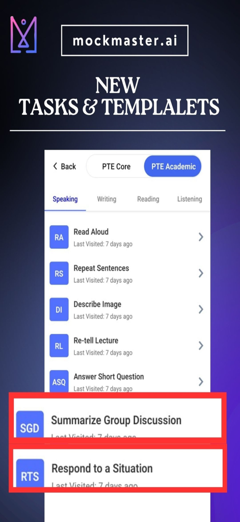 Interfaccia dell'app Mockmaster che mostra i nuovi compiti orali PTE Core e Academic come Riassumi Discussione di Gruppo e Rispondi a una Situazione
