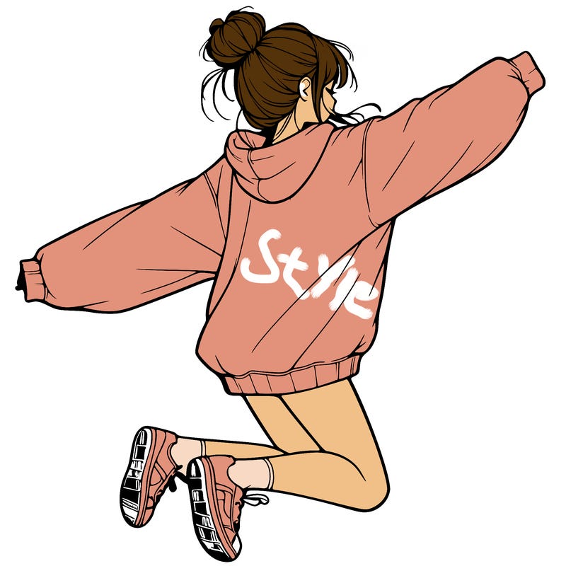 realistic girl jumping with a bun and oversized sweatshirt