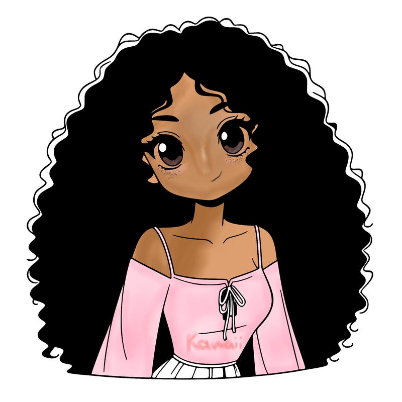 a black anime girl with long afro hair