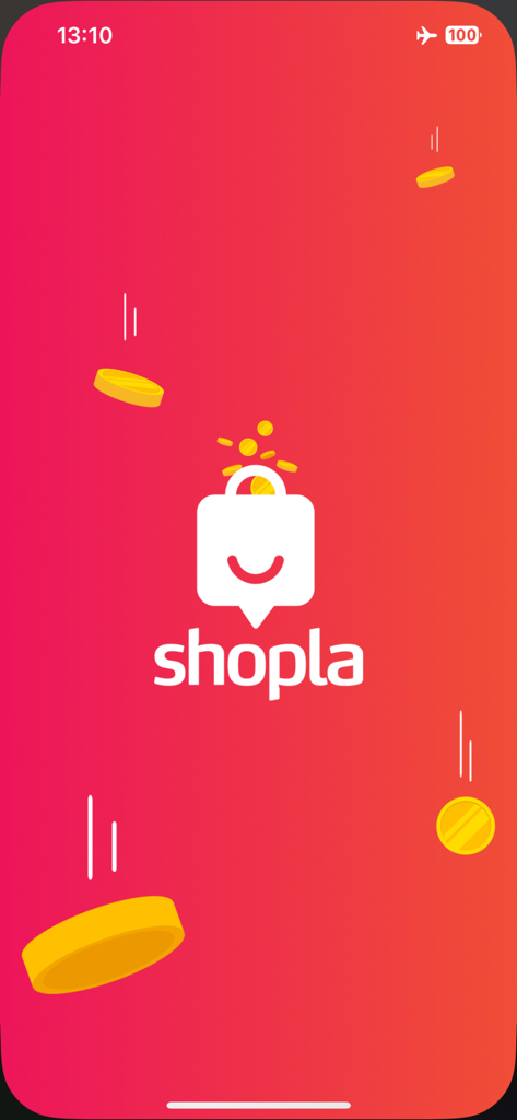 Shopla app splash screen with a white shopping bag logo and floating gold coins on a red background