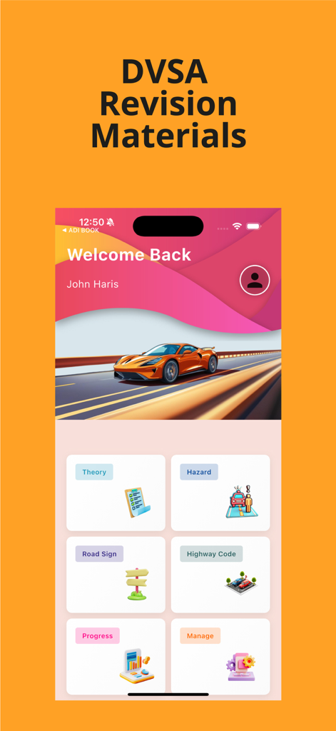 Driving Theory Test Kit UK - Dashboard of Driving Theory Test Kit UK app featuring DVSA revision materials and study modules like Theory and Hazard perception.