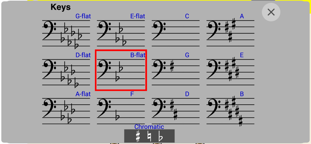 Brass Up! - Brass Up 앱의 12개 다른 음악 조표 선택 화면, 베이스 클레프, B-플랫 강조 표시