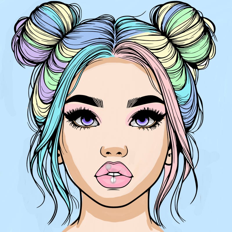 realistic girl with two buns on her hair and lips