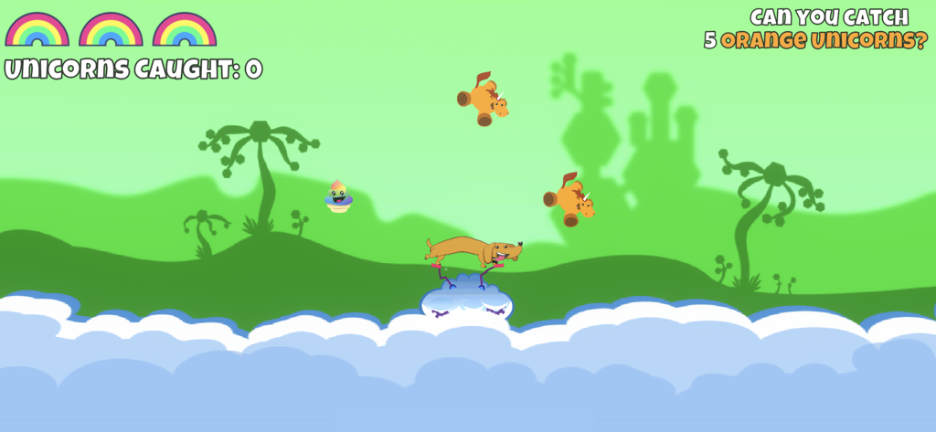 Unicorn Catch gameplay screen showing a dog character on a cloud catching falling orange unicorns