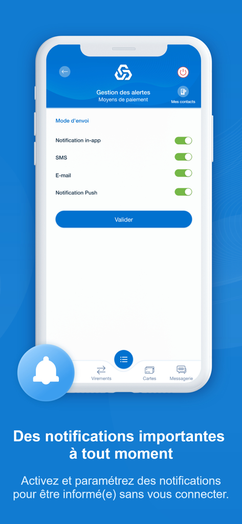 Pantalla de gestión de alertas de la aplicación CGD Mobile mostrando la configuración de notificaciones para SMS, correo electrónico y notificaciones push