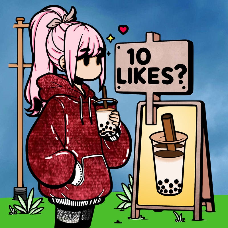 girl with oversized hoodie drinking boba and she has a high ponytail with a sign that says 10likes?