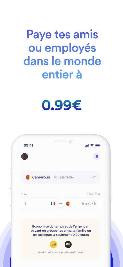 Ejara Crypto app interface showing international money transfer from Euro to Cameroon CFA Franc for a low fee