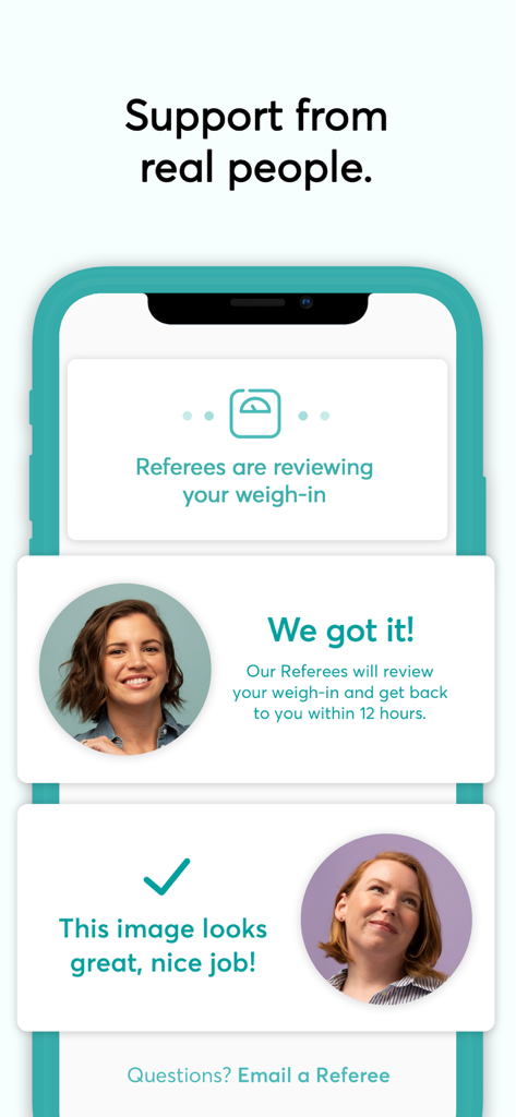 DietBet: Lose Weight & Win! - DietBet App-Bildschirm, der menschliche Schiedsrichter zeigt, die Feedback zu den Wiegungen der Benutzer geben