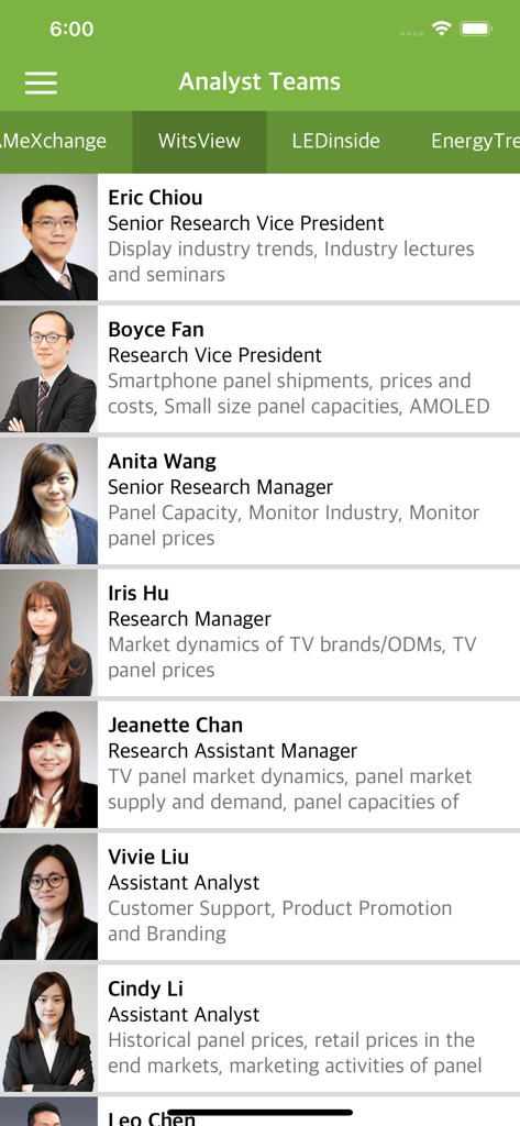 TrendForce app screen showing a list of market intelligence analysts from the WitsView division including their names and professional roles.