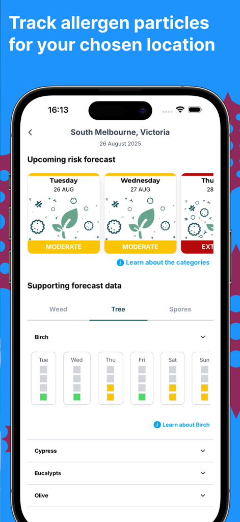 Canberra Pollen Count - Screenshot of the Canberra Pollen Count app showing daily allergen risk forecasts and specific tree pollen data for Birch