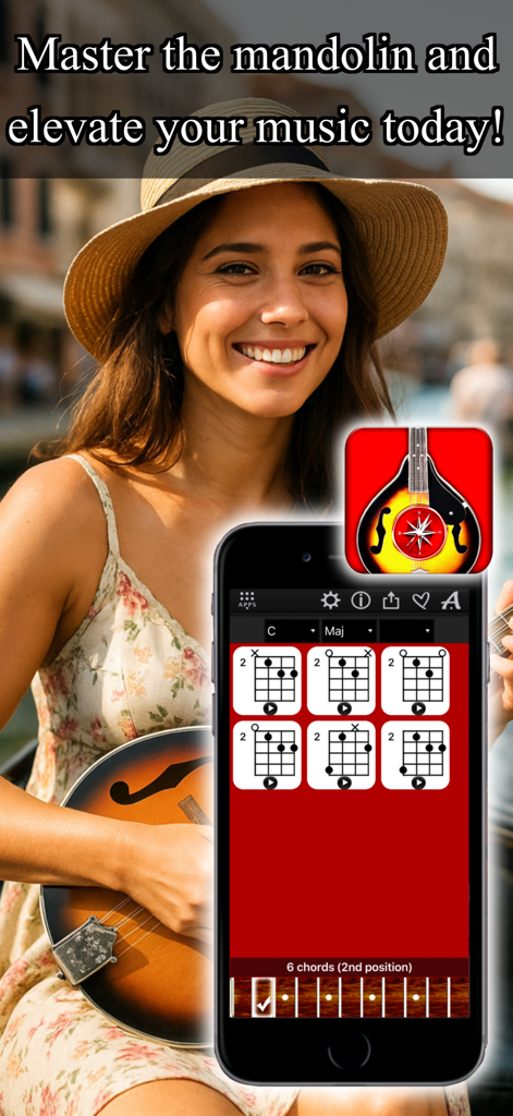 Mandolin Chords Compass - Una donna sorridente che tiene un mandolino con un iPhone che mostra l'app Bussola Accordi Mandolino