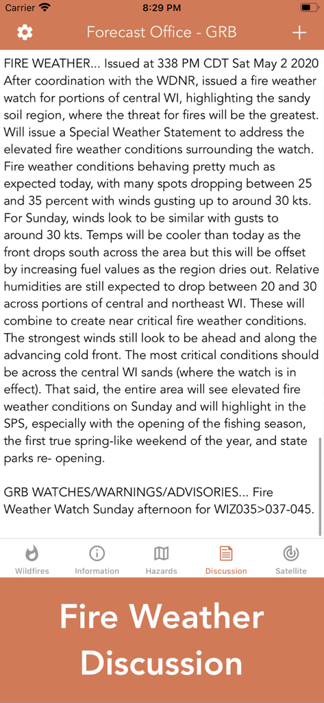 산불 조건에 대한 기술적인 NOAA 예측 보고서를 표시하는 Wildfire 앱의 산불 날씨 토론 기능 스크린샷