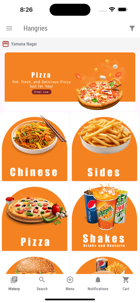 Hangries - Interfaz de la aplicación Hangries que muestra categorías de menú para pizza, comida china y acompañamientos