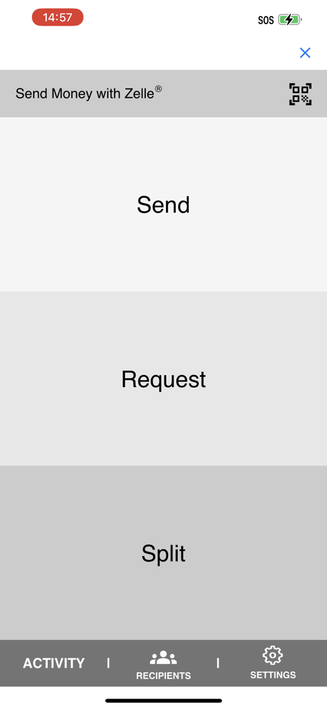 Zelle-Zahlungsoberfläche in der FMFCU Mobile App mit Optionen zum Senden von Anfragen und Aufteilen.