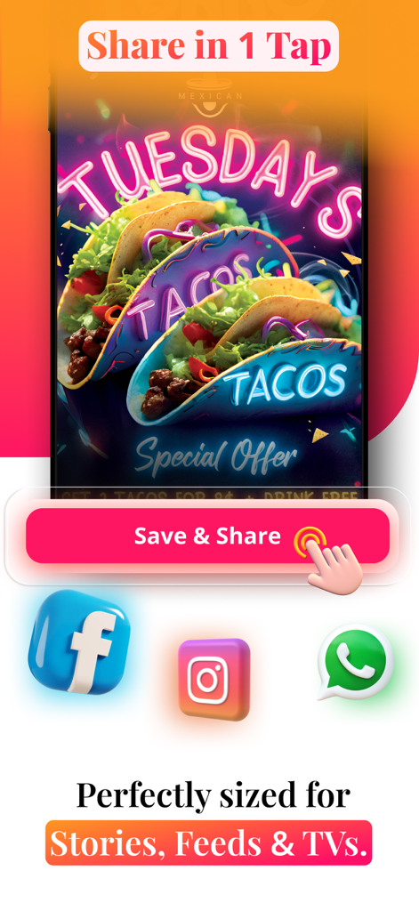MenuSnap: Flyer Maker - Um vibrante folheto de Taco Tuesday sendo compartilhado no Facebook, Instagram e WhatsApp usando o MenuSnap