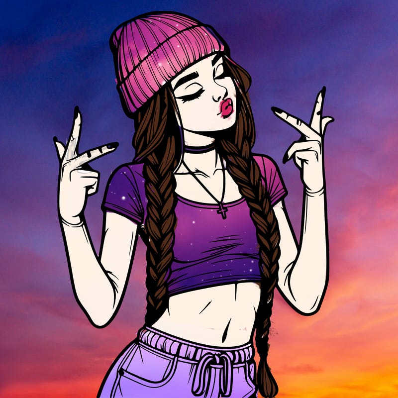 realistic teenage girl with braids and a beanie and crop top doing 🫶🏼