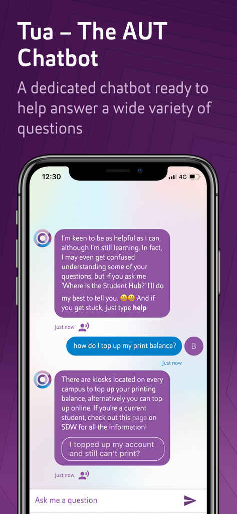 AUT - Interface of the Tua chatbot in the AUT mobile app providing student support and answering questions on a smartphone screen.