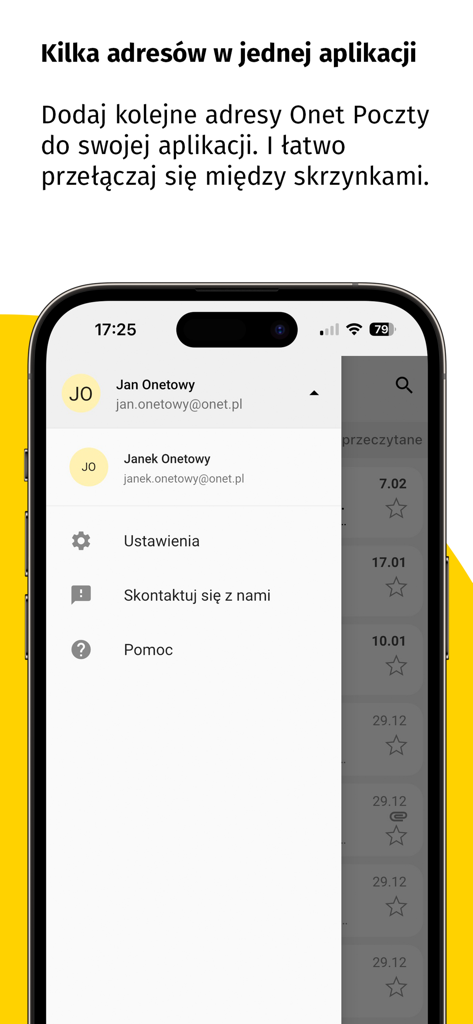 Onet Poczta - Onet Poczta mobile app showing the option to switch between multiple email accounts