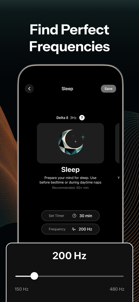 Pantalla de la aplicación Binaura que muestra la personalización de la frecuencia del modo de sueño y el temporizador