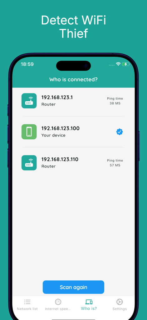 Interfaz de la aplicación móvil que muestra una lista de dispositivos conectados a una red wifi con tiempos de ping y direcciones IP