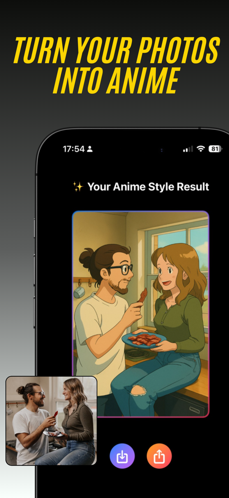 AI Anime Filter - TurnAnime - A photo of a couple in a kitchen transformed into a Studio Ghibli-inspired anime style using the AI Anime Filter app.